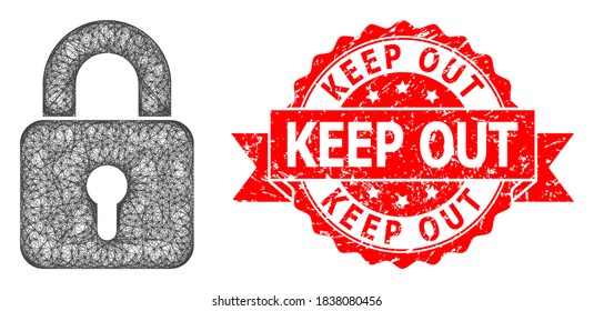Icono de bloqueo de red y sello de marca de cinta de salida raspada. El sello rojo incluye el texto Mantener fuera dentro de la cinta.Red de trama plana geométrica basada en el icono de bloqueo, generada con líneas de cruce.