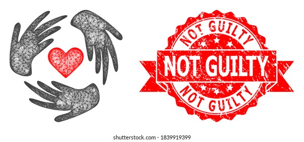 Net lovely craft hands icon, and Not Guilty scratched ribbon seal. Red stamp seal contains Not Guilty caption inside ribbon.Geometric linear frame flat net based on lovely craft hands icon,