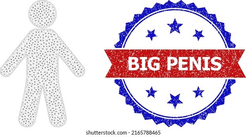 Icono de modelo de hombre neto, y sello bicolor impuro Big Penis. La imagen de trama poligonal está diseñada con el icono man. Impresión vectorial con texto Big Penis dentro de cinta roja y rosette azul,