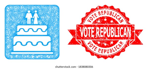 Net marriage cake icon, and Vote Republican textured ribbon stamp seal. Red stamp seal has Vote Republican tag inside ribbon.Geometric hatched carcass flat net based on marriage cake icon,