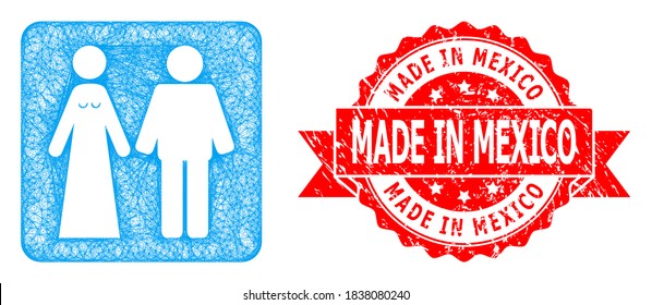 Net married groom and bribe icon, and Made in Mexico rubber ribbon stamp seal. Red stamp seal includes Made in Mexico caption inside ribbon.