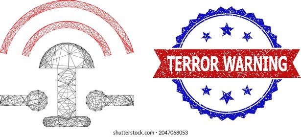 Net mesh alarm button ring wireframe icon, and bicolor scratched Terror Warning seal stamp. Flat framework created from alarm button ring icon and crossing lines.