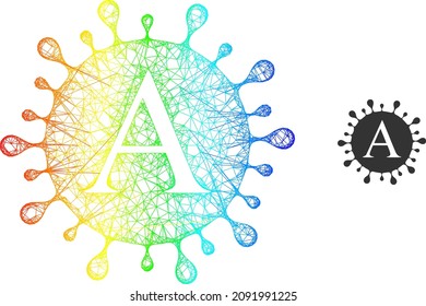 Malla neta Icono de alambre de coronavirus alfa con gradiente de arco iris. Red de marco de color Icono del coronavirus alfa. Marco plano creado a partir del icono del coronavirus Alfa y líneas de cruce.