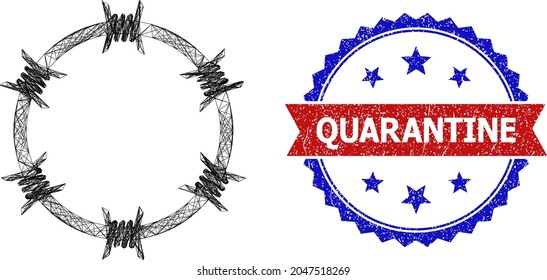 Net mesh barbed wire circle framework icon, and bicolor dirty Quarantine watermark. Flat model created from barbed wire circle icon and crossing lines. Vector watermark with retro bicolored style,