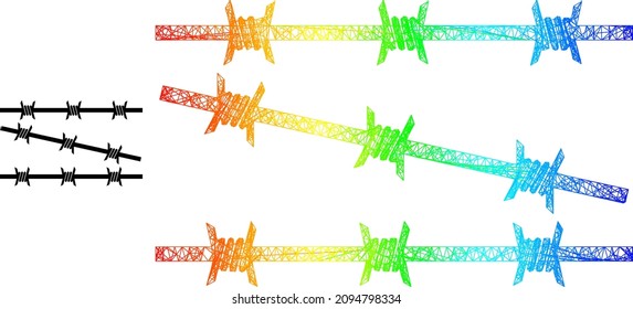 Net mesh barbed wire fence carcass illustration with spectrum gradient. Colorful carcass mesh barbed wire fence icon. Flat mesh created from barbed wire fence icon and crossed lines.