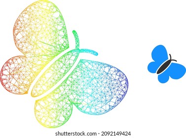 Net mesh butterfly frame icon with spectral gradient. Bright frame net butterfly icon. Flat mesh created from butterfly symbol and crossing lines.