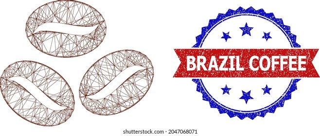 Net mesh coffee grains framework illustration, and bicolor unclean Brazil Coffee seal. Flat mesh created from coffee grains icon and crossing lines. Vector seal with corroded bicolored style,