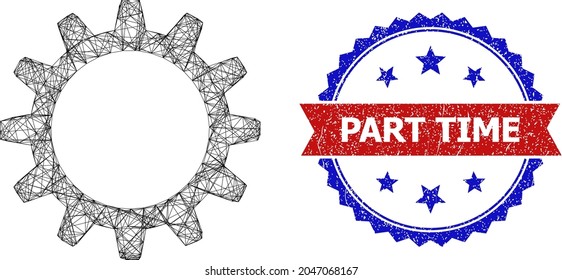 Net mesh cogwheel carcass icon, and bicolor grunge Part Time watermark. Flat model created from cogwheel icon and crossed lines. Vector watermark with corroded bicolored style,