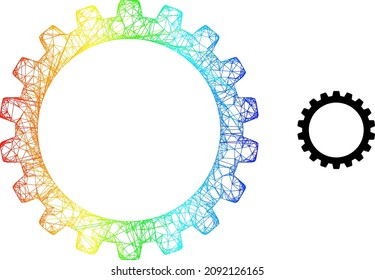 Net mesh cogwheel frame icon with spectrum gradient. Colorful frame net cogwheel icon. Flat frame created from cogwheel icon and crossed lines.