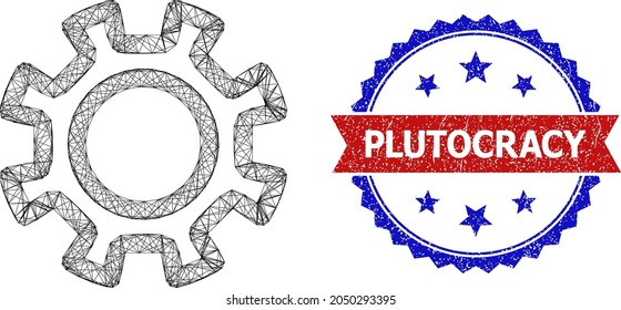 Net mesh contour gear framework illustration, and bicolor unclean Plutocracy stamp. Flat framework created from contour gear pictogram and intersected lines.