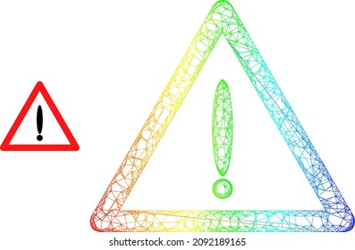 Netzmaschen-Gefahrenrahmen-Symbol mit Regenbogenverlauf. Das Gefahrensymbol des hellen Schlachtkörpers. Flachrahmen aus Gefahrenpiktogramm und Kreuzlinien.
