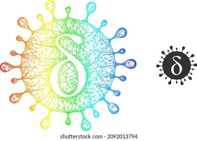 Icono de marco de virus delta de malla neta con gradiente de espectro. Icono de virus delta de la red de marco colorido. Marco plano creado a partir del icono del virus Delta codificado y líneas interseccionadas.