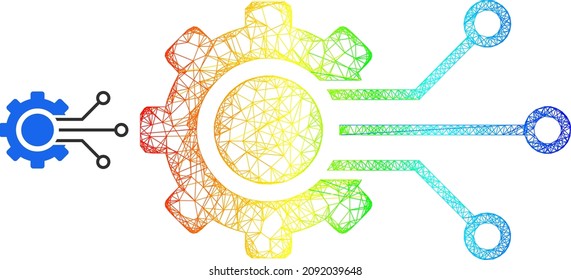 Net mesh digital sensor cog model icon with spectral gradient. Colored carcass net digital sensor cog icon. Flat mesh created from digital sensor cog icon and crossed lines.