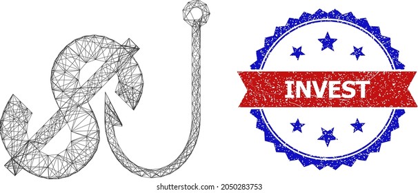 Das Net-Mesh-Dollar-Fischermodell Symbol, und bicolor kratzte Invest Wasserzeichen. Flache Maschen aus Dollar-Fischereisymbol und Kreuzlinien. Vektorwasserzeichen mit zweifarbigem Hintergrund,