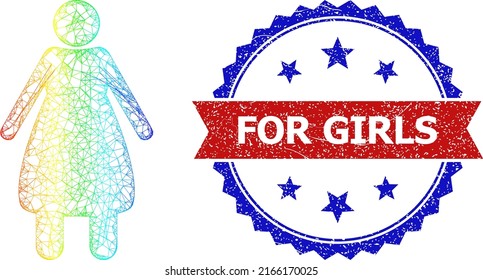 Net mesh elder woman wireframe icon with spectrum gradient, and bicolor dirty For Girls watermark. Red stamp seal has For Girls title inside blue rosette. Bright frame net elder woman icon.