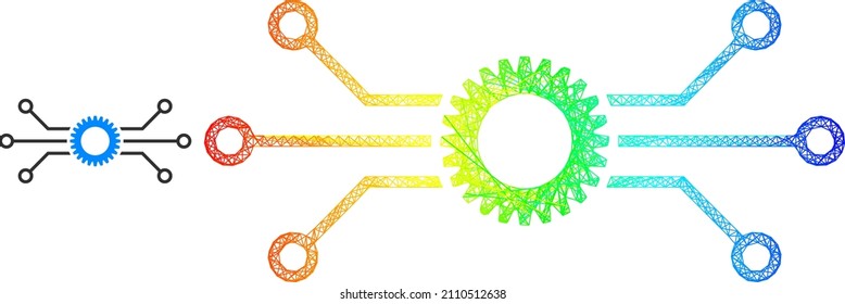 Net mesh electronic gear wireframe icon with spectral gradient. Colorful carcass mesh electronic gear icon. Flat mesh created from electronic gear pictogram and intersected lines.