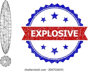 Icono de marco de signo de exclamación de malla neta y sello de sello explosivo de sello bicolor. Malla plana creada a partir del icono de signo de exclamación y líneas cruzadas. Sello vectorial con un estilo bibicoloroso granulado,