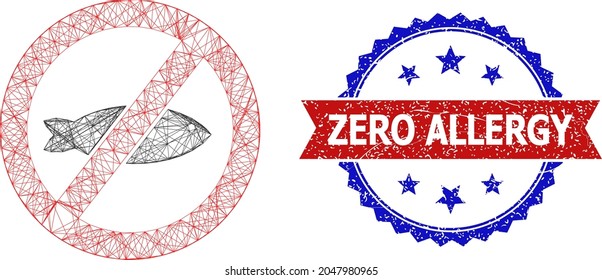 Net mesh forbidden fish framework icon, and bicolor scratched Zero Allergy seal stamp. Flat mesh created from forbidden fish icon and crossing lines. Vector watermark with corroded bicolored style,
