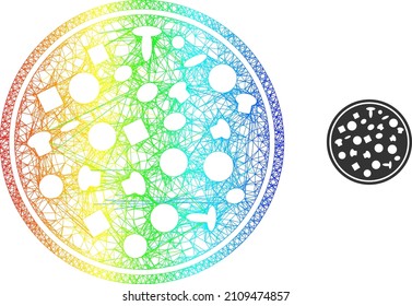 Net mesh full pizza carcass icon with rainbow gradient. Bright carcass network full pizza icon. Flat framework created from full pizza icon and crossing lines.
