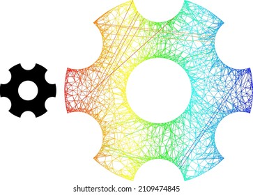 Net mesh gearwheel frame icon with spectral gradient. Vibrant frame mesh gearwheel icon. Flat structure created from gearwheel symbol and intersected lines.