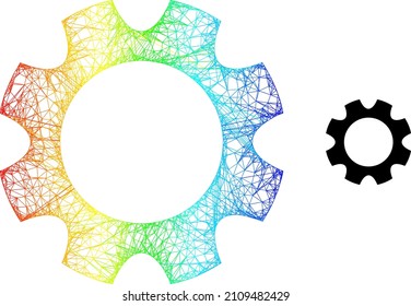 Net mesh gearwheel frame icon with spectrum gradient. Vibrant carcass network gearwheel icon. Flat frame created from gearwheel symbol and crossing lines.