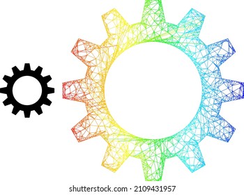 Net mesh gearwheel wireframe icon with spectral gradient. Bright carcass mesh gearwheel icon. Flat carcass created from gearwheel symbol and crossed lines.
