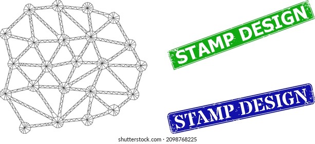 Net mesh grid image, and Stamp Design blue and green rectangular dirty badges. Polygonal wireframe illustration designed with mesh grid icon. Stamps have Stamp Design tag inside rectangular form.