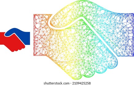 Net mesh handshake carcass illustration with rainbow gradient. Vibrant frame net handshake icon. 