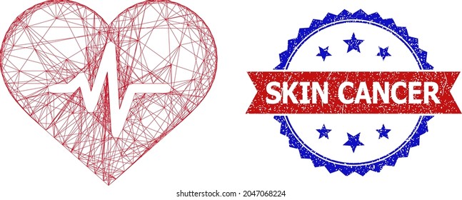 Net mesh heart pulse frame icon, and bicolor dirty Skin Cancer seal stamp. Flat framework created from heart pulse icon and intersected lines. Vector seal with unclean bicolored style,