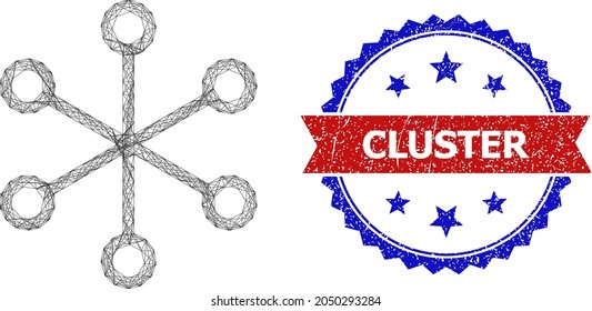 Net mesh net links frame illustration, and bicolor scratched Cluster seal stamp. Flat frame created from net links symbol and crossing lines. Vector seal with distress bicolored style,