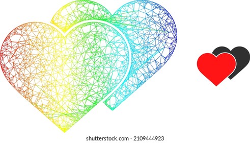 Net mesh love shadow model illustration with spectral gradient. Vibrant frame mesh love shadow icon. Flat mesh created from love shadow icon and crossed lines.