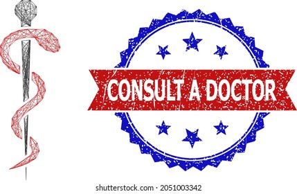 Net mesh medical snake model icon, and bicolor grunge Consult a Doctor stamp. Flat model created from medical snake pictogram and crossing lines. Vector imprint with grunge bicolored style,