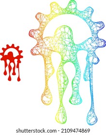 Net mesh melting gear framework icon with rainbow gradient. Colorful carcass net melting gear icon. Flat carcass created from melting gear icon and intersected lines.