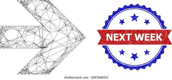 Net mesh move right model icon, and bicolor scratched Next Week seal stamp. Flat structure created from move right icon and crossing lines. Vector seal with unclean bicolored style,