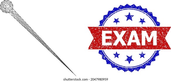 Net mesh needle framework icon, and bicolor dirty Exam stamp. Flat structure created from needle icon and crossing lines. Vector watermark with distress bicolored style,