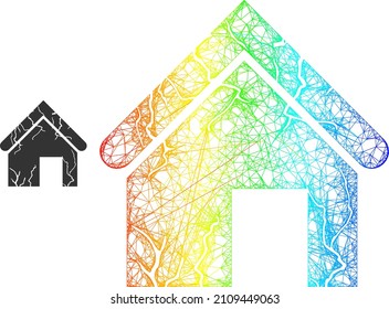 Net Mesh Old Decayed House Frame Icon With Spectrum Gradient. Vibrant Frame Mesh Old Decayed House Icon. Flat Frame Created From Old Decayed House Symbol And Crossing Lines.