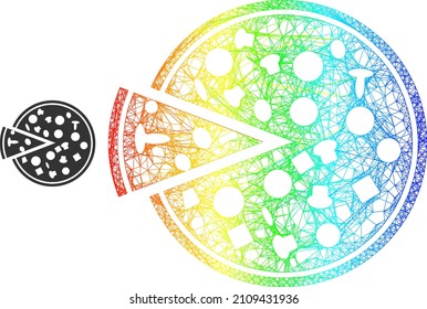 Net mesh pizza with piece wireframe icon with spectral gradient. Colored carcass mesh pizza with piece icon. Flat framework created from pizza with piece icon and crossing lines.