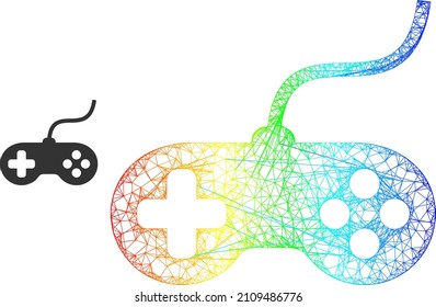 Net mesh playing console model icon with spectral gradient. Vibrant carcass mesh playing console icon. Flat model created from playing console icon and crossed lines.