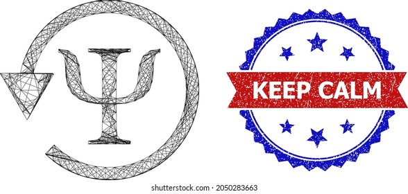 Net mesh psychology recovery wireframe icon, and bicolor rubber Keep Calm seal. Flat model created from psychology recovery icon and crossed lines. Vector seal with scratched bicolored style,