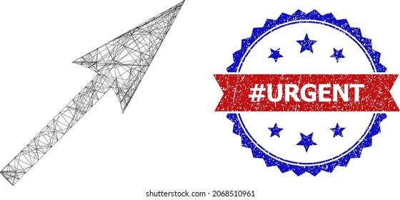 Net mesh sharp arrow model illustration, and bicolor unclean hash Urgent seal stamp. Flat mesh created from sharp arrow symbol and crossed lines. Vector seal with unclean bicolored style,