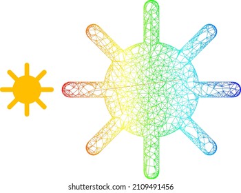 Net mesh sun rays frame icon with spectrum gradient. Colorful frame net sun rays icon. Flat frame created from sun rays symbol and crossing lines.