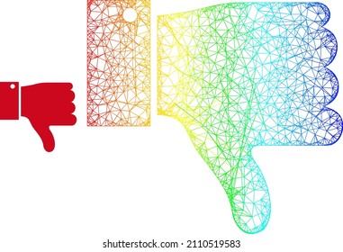 Net mesh thumb down model icon with spectrum gradient. Colorful carcass mesh thumb down icon. Flat carcass created from thumb down icon and crossed lines.