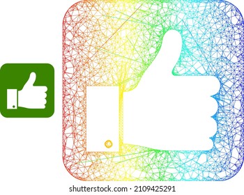 Net mesh thumb positive carcass icon with spectral gradient. Vibrant carcass mesh thumb positive icon. Flat framework created from thumb positive symbol and crossing lines.