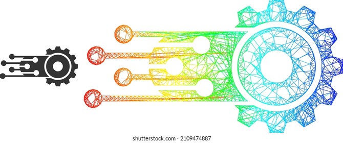 Net mesh transition gear frame icon with spectrum gradient. Vibrant frame mesh transition gear icon. Flat carcass created from transition gear icon and crossing lines.