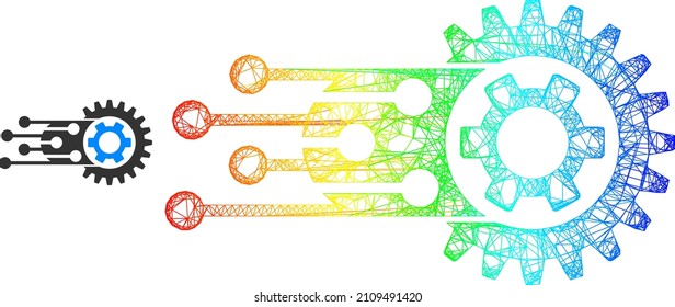 La transición de malla neta engrana el icono de la canal con gradiente arco iris. Icono de los engranajes de transición de la red de canales luminosos. Marco plano creado a partir del icono de los engranajes de transición y líneas cruzadas.