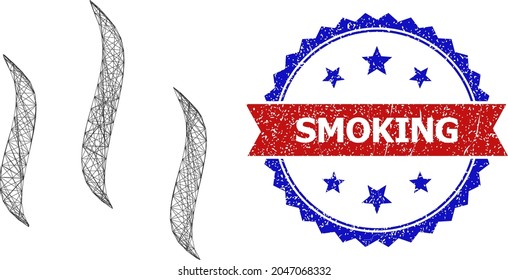 Net mesh vapour wireframe icon, and bicolor unclean Smoking seal stamp. Flat mesh created from vapour icon and crossed lines. Vector seal with corroded bicolored style,