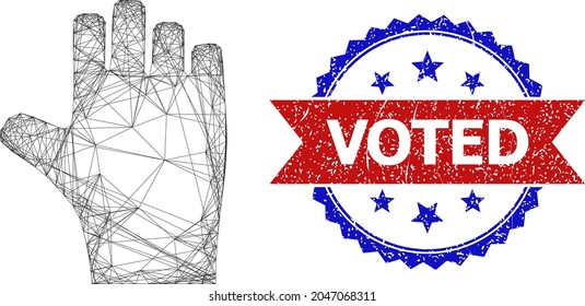 Net mesh voting hand frame icon, and bicolor scratched Voted watermark. Flat structure created from voting hand icon and crossing lines. Vector watermark with unclean bicolored style,