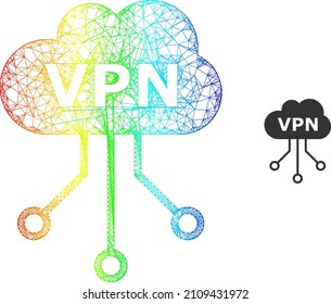 Net mesh VPN cloud carcass icon with spectrum gradient. Colorful carcass mesh VPN cloud icon. Flat framework created from VPN cloud icon and crossing lines.