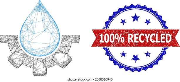 Net mesh water industry wireframe icon, and bicolor scratched 100 part Recycled stamp. Flat carcass created from water industry icon and crossed lines. Vector seal with scratched bicolored style,