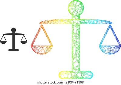 Net mesh weight balance frame illustration with rainbow gradient. Bright frame mesh weight balance icon. Flat mesh created from weight balance pictogram and crossing lines.